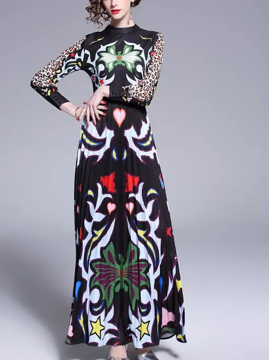 

High Quality 2019 Spring New Arrival Elegant Stand Collar Flower Printed Long Sleeve Woman Pleated Chiffon Long Dress