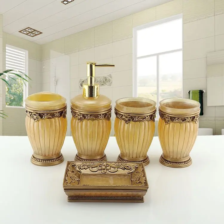 Fashion quality resin bathroom five pieces set sanitary ware kit bathroom wash set bathroom set