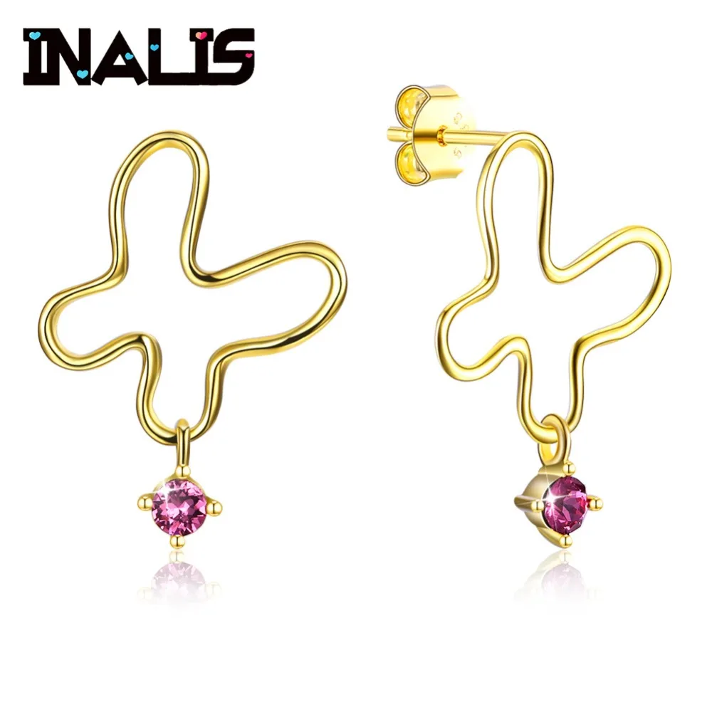 

INALIS New Simple Design Drop Earrings 925 Sterling Silver Geometric Red Round Cubic Zirconia Crystal Dangle Brincos for Girls