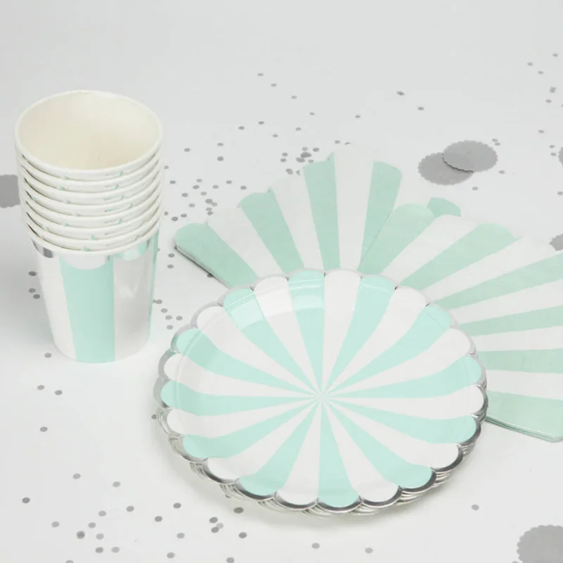 Позолоченный высококачественный одноразовый набор посуды розовые зеленые бумажные тарелки в полоску салфетки для стаканчиков вечерние свадебные Карнавальная посуда