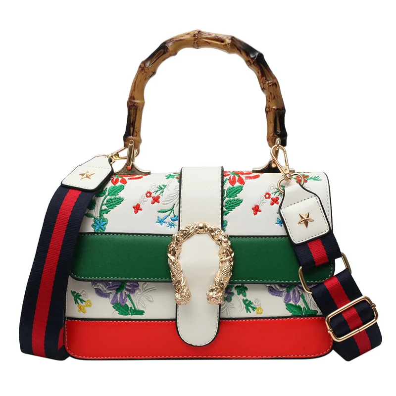 

Women's Fake Designer Bamboo Handbag Female Luxury Floral Embroidery Shoulder Bags for Women 2019 Spring New Handbags and Purse