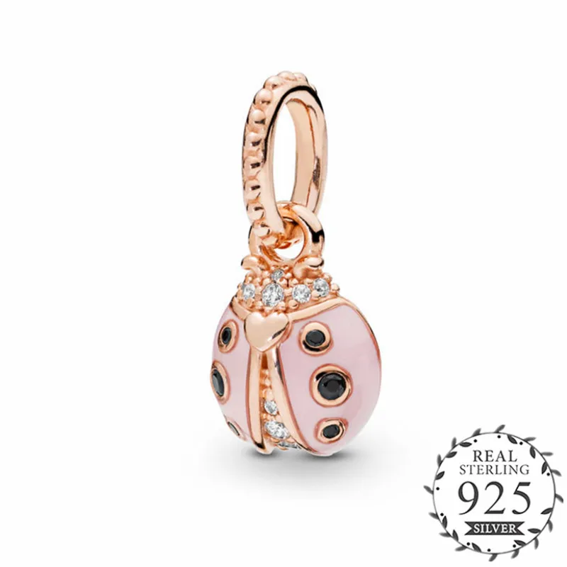 

2019 Spring Garden Rose Lucky Pink Ladybird Pendant Charm fits Pandora Bracelets Original Rose Gold Floating Necklace Pendant.