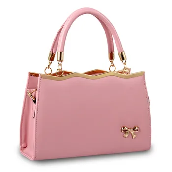 

High Quality PU Women Handbag Office Lady Shoulder Bag Casual Crossbody Pink Clutch Wave Lovely Bownot Zipper