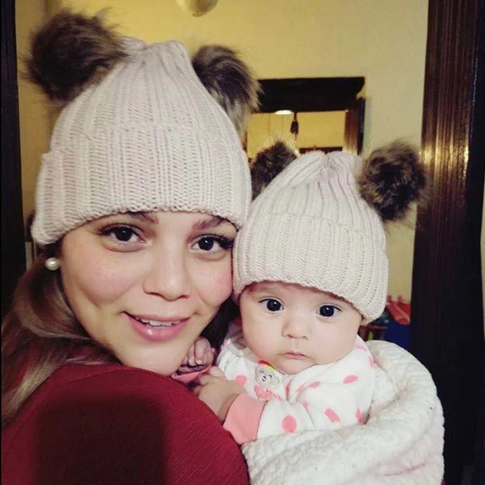 Winter Children Baby Keep Warm Winter Fur Ball Knitted Wool Parent-child Cap Hat Fur Pompon Hats Knitted Caps
