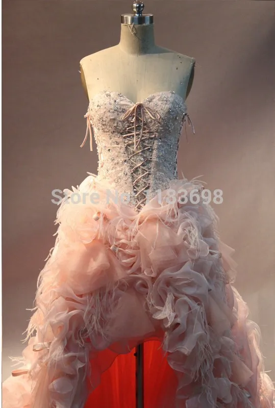 Сексуальный из органзы милый вышитый бисером розовый перо короткий передний Длинный спина свадебные платья настоящая фотография