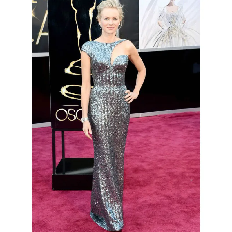 Long Mermaid Naomi Watts Celebrity font b Dress b font Silver Sequin font b Evening b