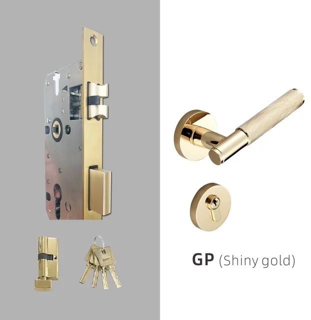 1Set Knurled/Textured Gold Door Handle with Lock brass Mechanical