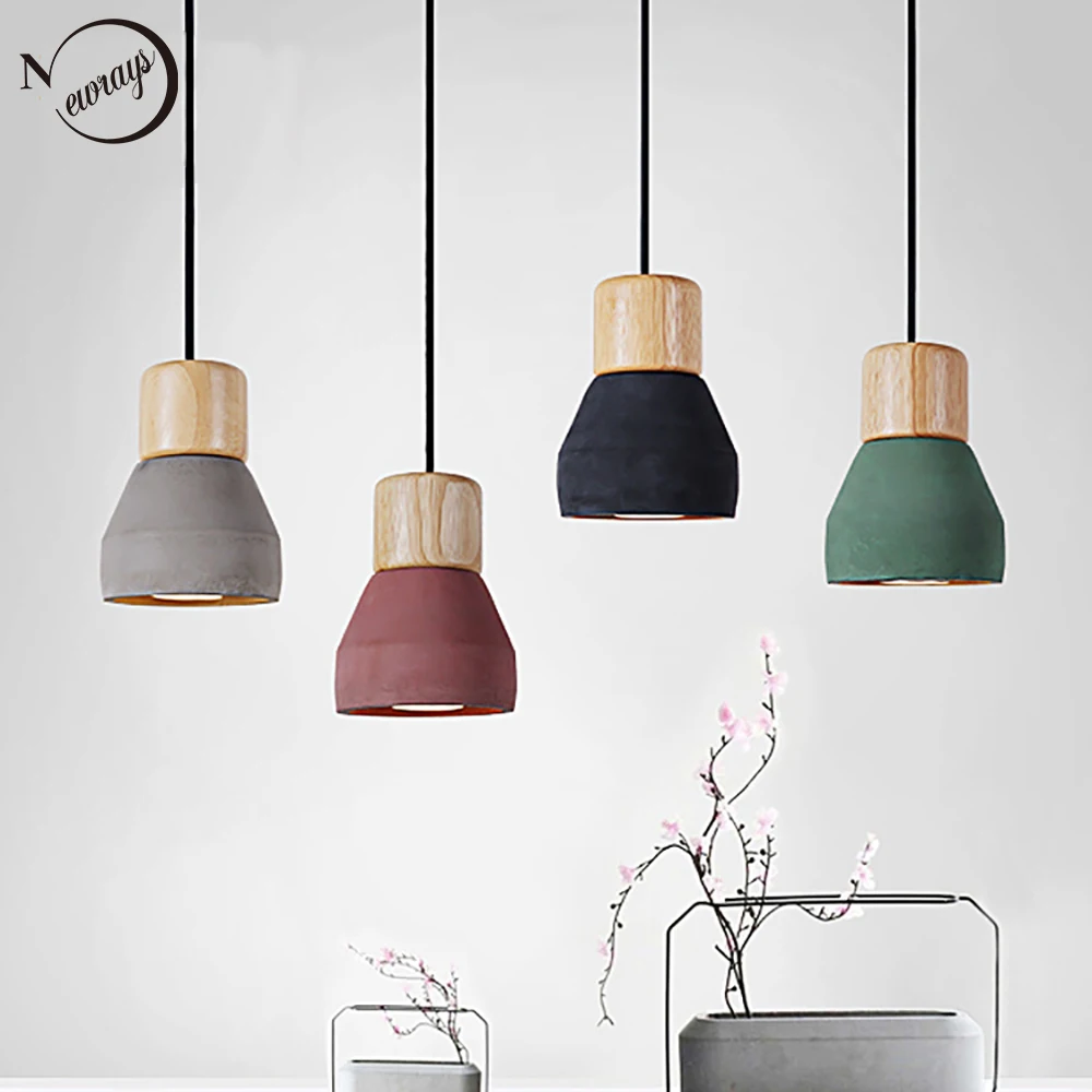  4 color brief Loft Nordic Style wood Cement Pendant lights modern Light led E27 cord lamp Restauran - 32798302659