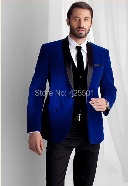 

2020 Custom 3 Pieces Men Suits Shawl Label Royal Blue Velvet Smoking Jacket Groom Suit One Button Formal Business Suits Tuxedo