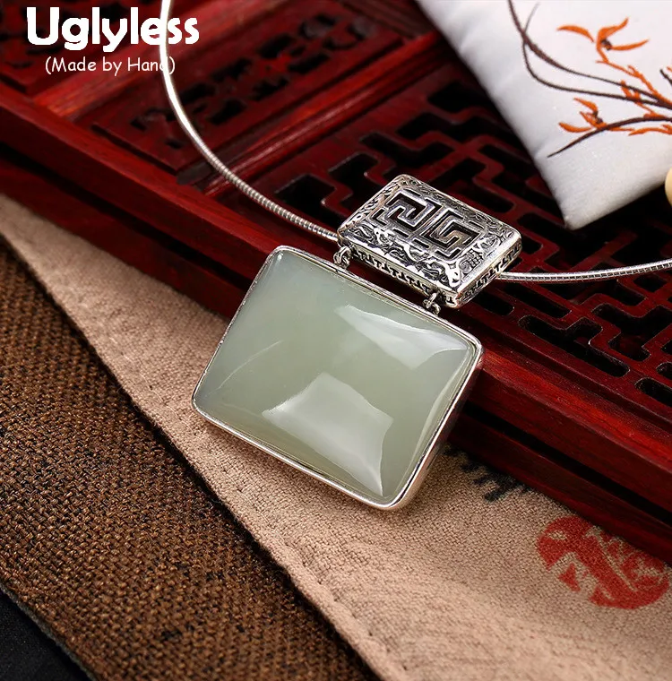 Uglyless Real 925 Sterling Silver Natural White Jade Square Women Necklaces without Chains Vintage Patterns Hollow Fine Jewelry
