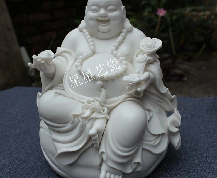 

9"Dehua White Porcelain Happy Laugh Maitreya Buddha YuanBao Ruyi On Bag Statue