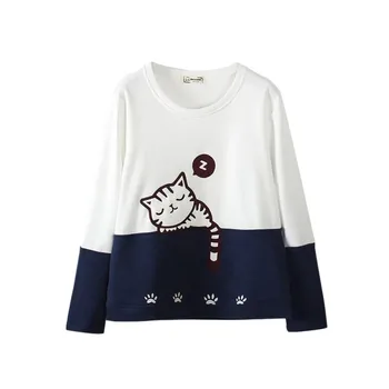 

2018 Autumn Harajuku Cartoon Cat Embroidered Sweatshirts Casual Women Long Sleeve Hoodies Pullover Kpop Moletom