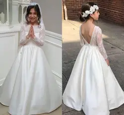 2018 платье с цветочным узором для девочек, платья для первого причастия, кружевные платья с длинными рукавами и v-образным вырезом на спине