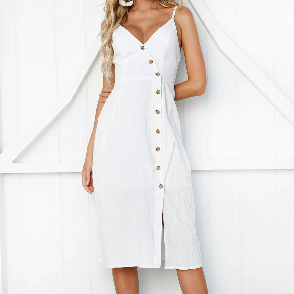 

2018 Women Sexy Printing Buttons Off Shoulder Sleeveless Dress Flowers Printed Deep V Neck Button Princess Sundress Vestidos