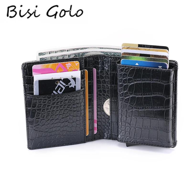 

BISI GORO 2019 Men And Women Credit Card Holder RFID Aluminium Business Card Holder Crazy Horse PU Leather Travel Card Wallet