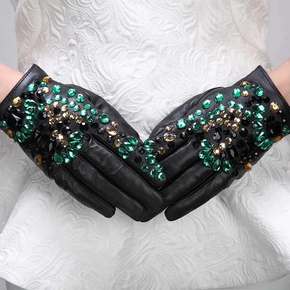 

100% Genuine Sheepskin leather gloves with Gems