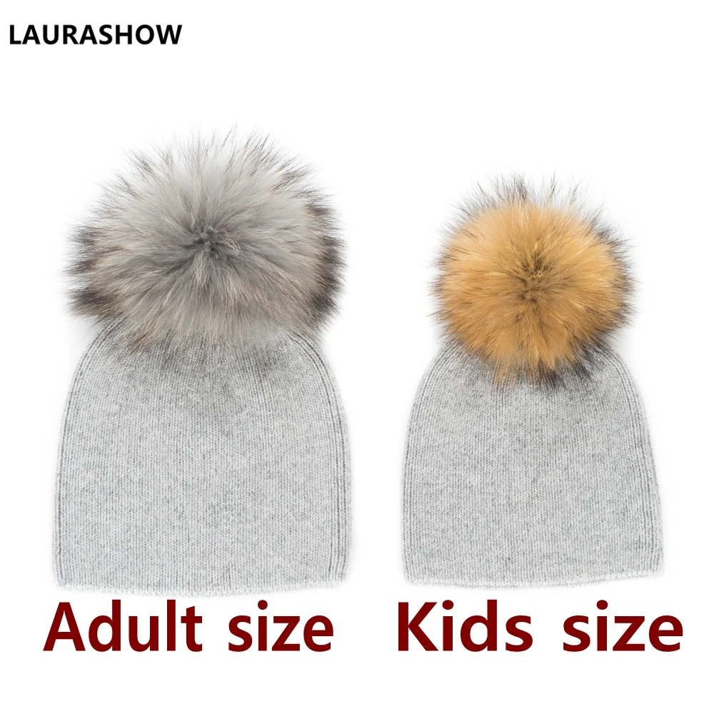 Baratos Gorra de lana para dormir con pompones de pelo auténtico de 15 16cm para Otoño Invierno 2019