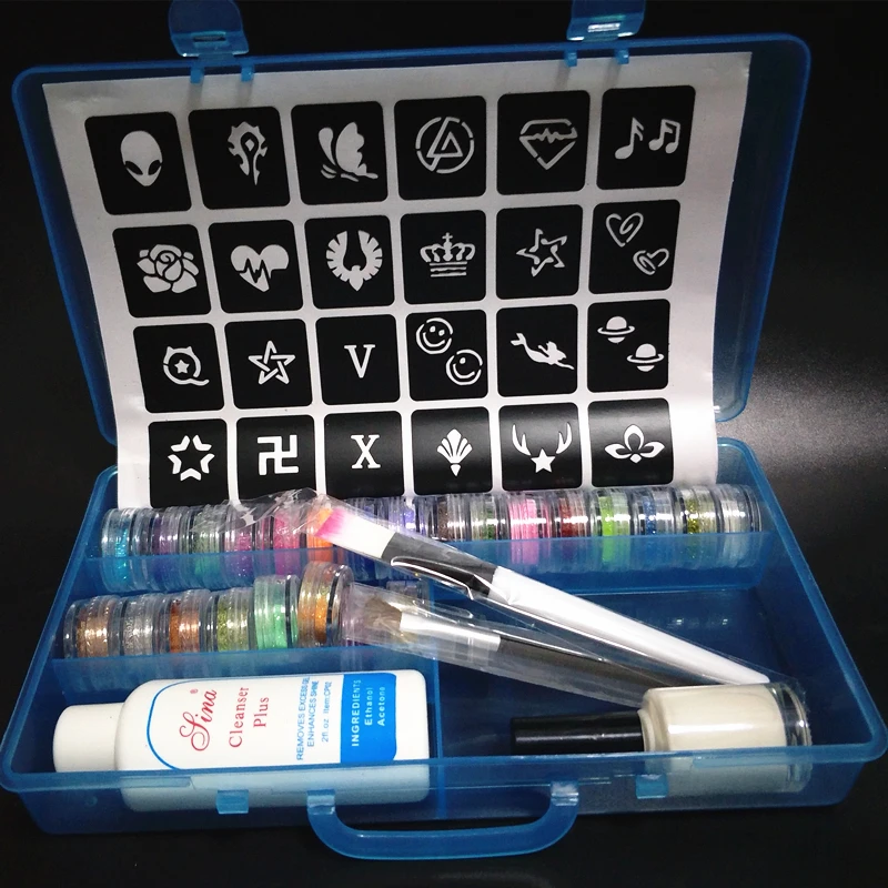 24 Colors Glitter Temporary Tattoo Complete Box Waterproof Stencil Brushes Glue Painting Kit for Kids Face Body Diy Nail ART 24 Colors Glitter Temporary Tattoo Complete Box Waterproof Stencil Brushes Glue Painting Kit for Kids Face Body Diy Nail ART