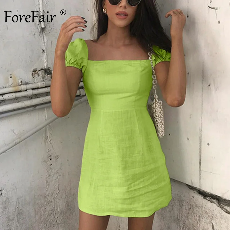 Forefair, мини льняное платье, летнее, с пышными рукавами, с высокой талией, с коротким рукавом, Ретро стиль, повседневное, зеленое, ТРАПЕЦИЕВИДНОЕ, с квадратным вырезом, сексуальное платье для женщин