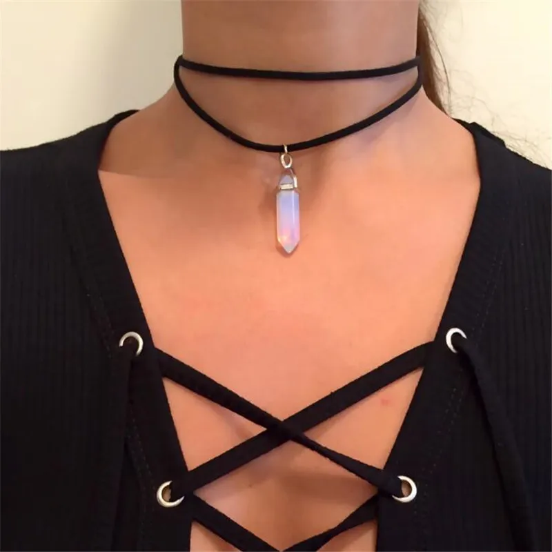 Pingente De Opala Pedra Gargantilhas do vintage Colar Estilo Punk MultiLayer Colares De Couro Preto para As Mulheres collier Collares mujer