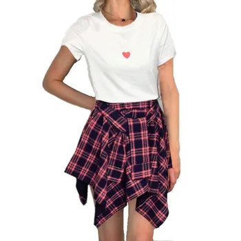

2019 New Summer Two Piece Set Women's Solid T Shirt And Elastic Waist Irregular Cross Strap Plaid Skirt Suit Fashion Tracksuits