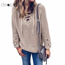2017 Women V Neck Knitted Lace-up Sweater Striped Bandage Cross Ties Pullover Loose Casual Long Knitwear Jumper Top Sweter Mujer