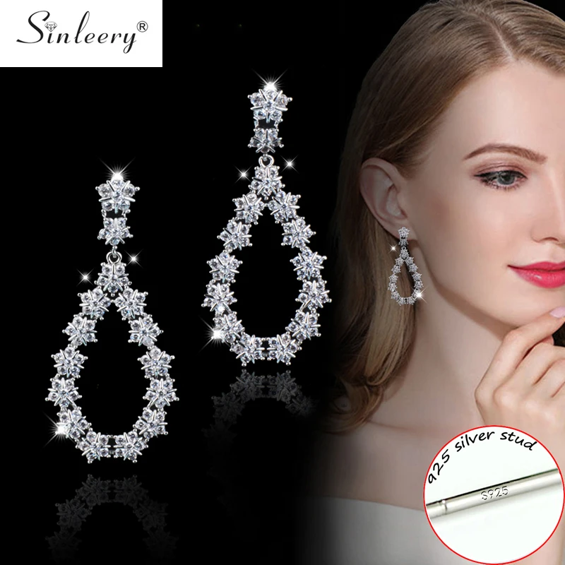 

SINLEERY 2019 Dazzling CZ Stones Crystal Snowflake Big Teardrop Earrings For Women Silver Color Luxury Jewelry CZ017 SSH