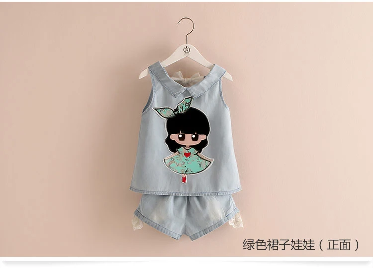 Girls Clothes 2018 Summer Casual 2-10 Years Old Kids Little Baby Cartoon Girl T Shirt+Shorts 2 Piece Lace Denim Blue Suit Set (8)
