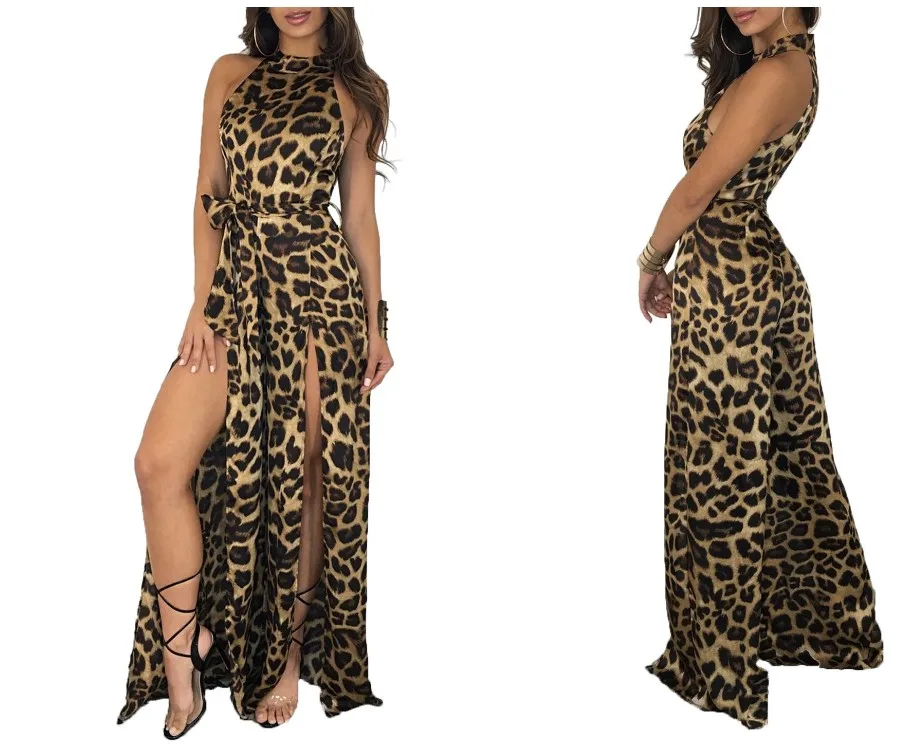 

European and American sexy high-waist leopard-print trousers sexy high-waist open-forked trousers
