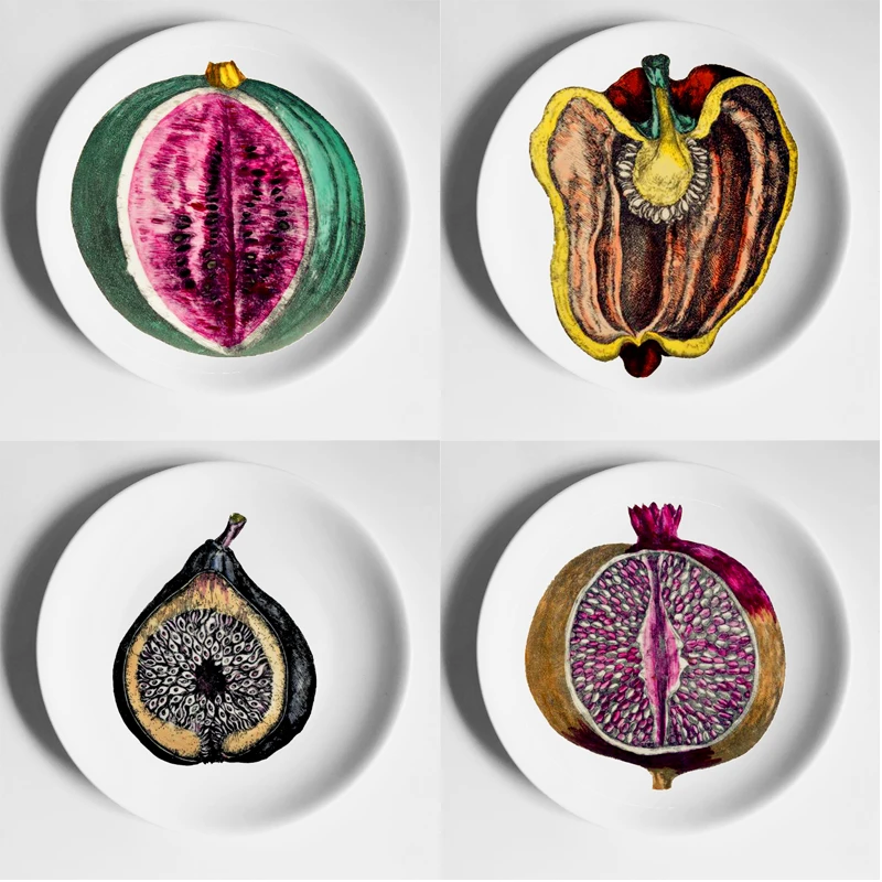 

Fornasetti Plates Segmented Fruit Vegetable Style Craft Desktop Wall Hanging Decorative Dishes Colorful Home Decor Illustration