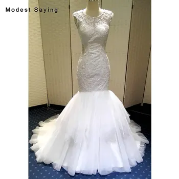 شراءفساتين زفاف فاخرة حورية البحر الدانتيل 2018 مع اللؤلؤ مطرز طويل زي العرائس حجم كبير Vestidos De Noiva العاج رداء دي ماري