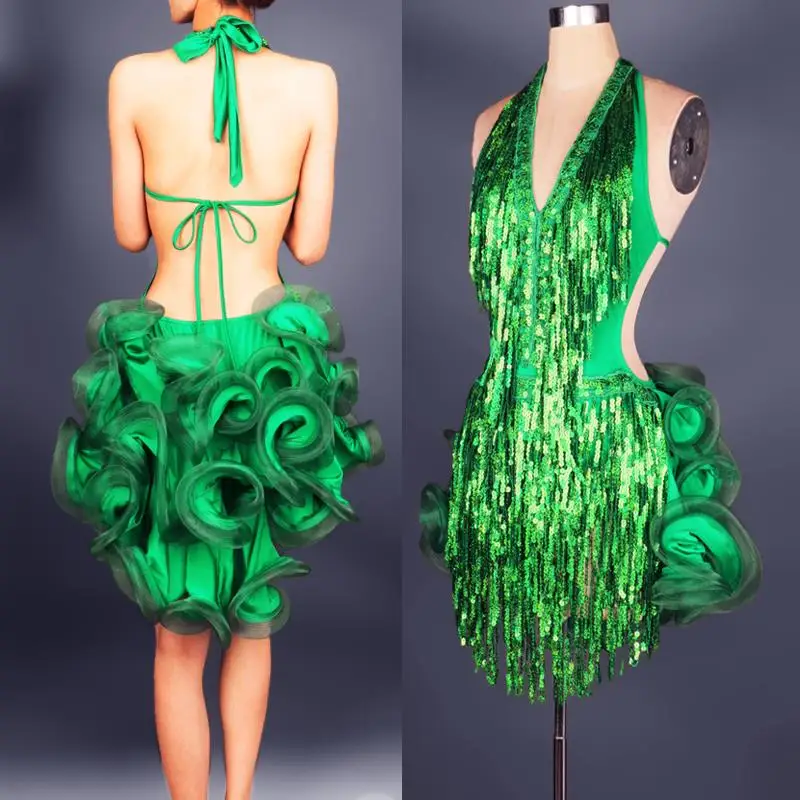 Latin Dance Dress Tassels Green Professional Costume for Women Fringe Samba Costume Colorful Womens Ballroom Competition Dresses