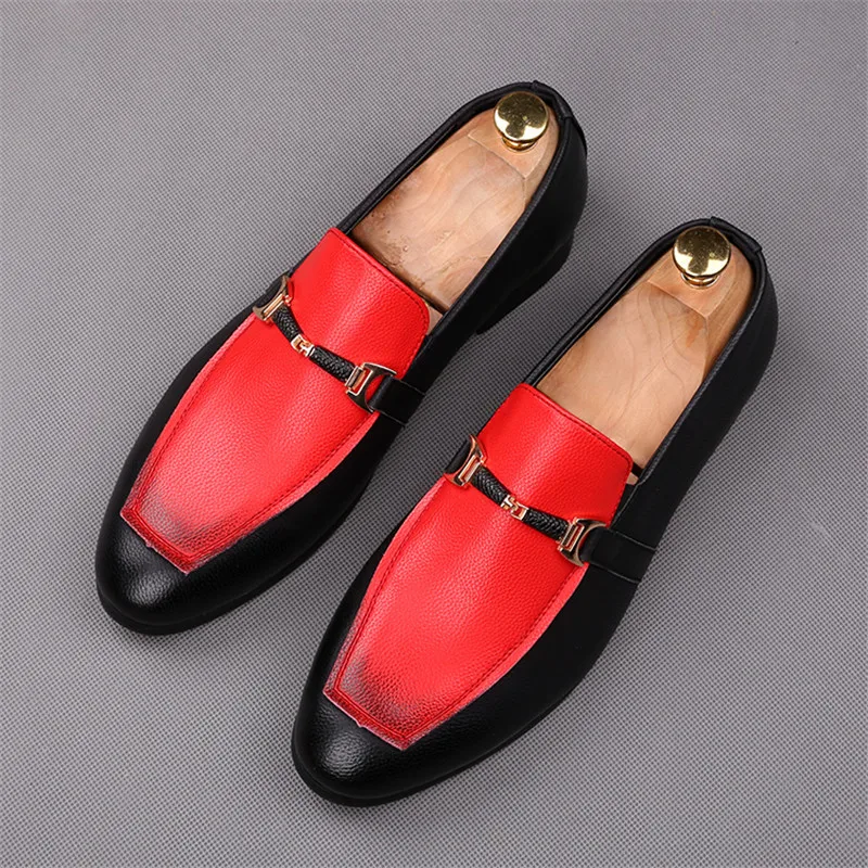 New Men Stitching Leather Black Red Shoes Flats Oxfords Designer