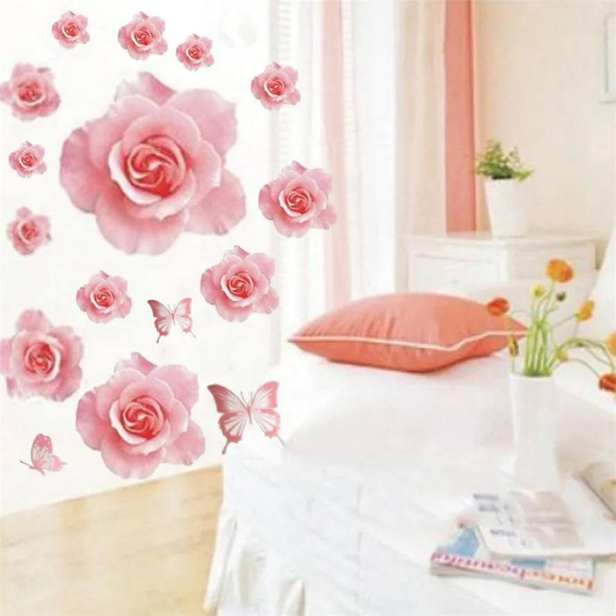 New 1pc Creative Pink Rose Flower Home Decor Wall Sticker Decal Bedroom