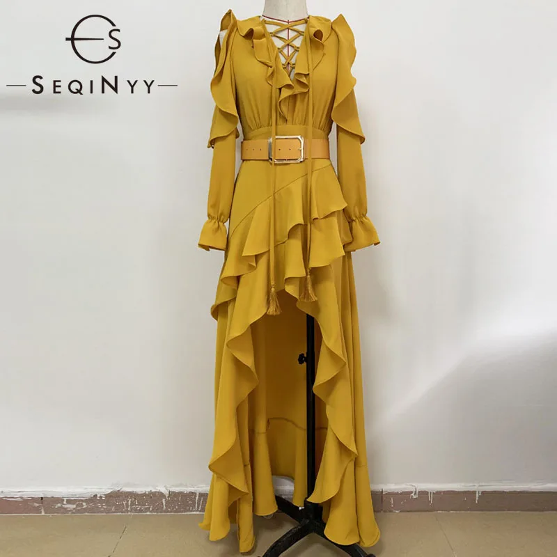 Женское длинное платье с поясом SEQINYY элегантное желтое длинным рукавом оборками