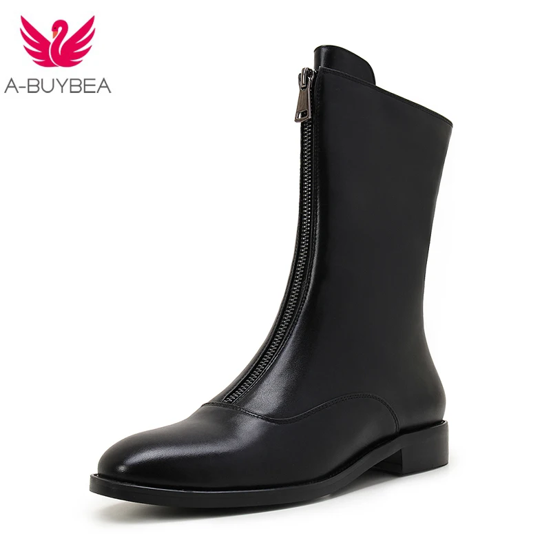 

2017 New Women Winter Shoes Women Genuine Leather Boots Brand Women Shoes High Quality Mid Calf Boots With Platform Square heel