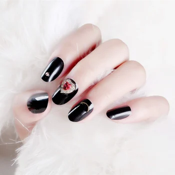 

DIY Shining Rhinestone Nail Beauty Tools Short Round Head Nail Art Tips with Glue Ladies Sexy Party Black Color False Nails