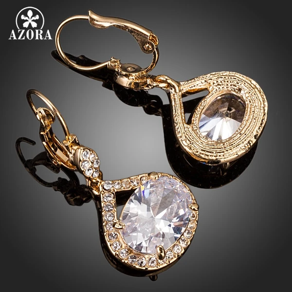 AZORA Gold Color Top AAA+ Cubic Zirconia Egg Shaped Surround Tiny Crystal Drop Earrings TE0146