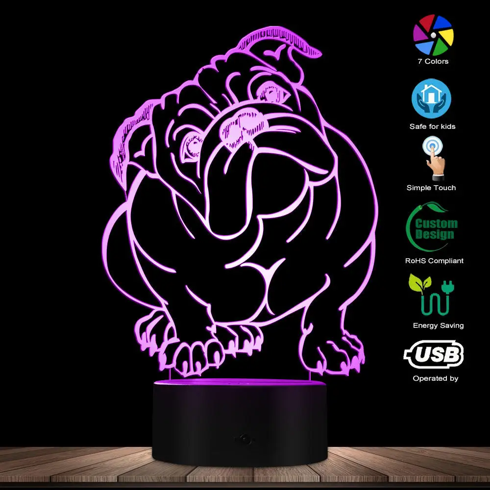 Порода собак Английский бульдог меняющий цвет светодиодный светильник из акрила британский Бульдог USB декоративный светильник ing лампа с 3D оптической иллюзией