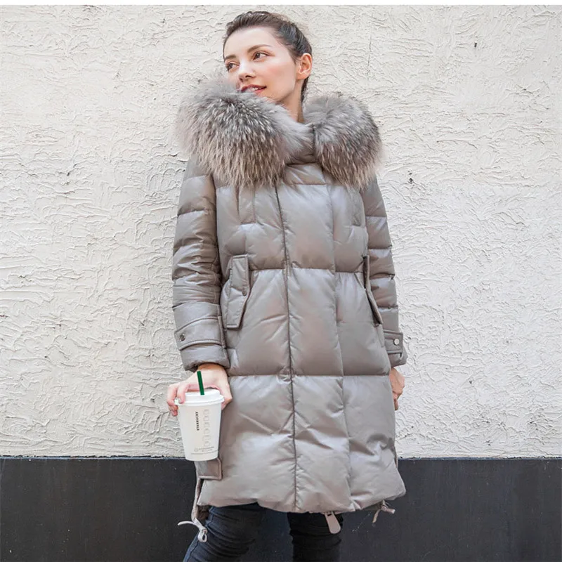 

lovepeapomelo 2019 New Winter Leather Jacket Fur Collar Hooded Leather Down Jacket Female Long Down Leather Jacket 562