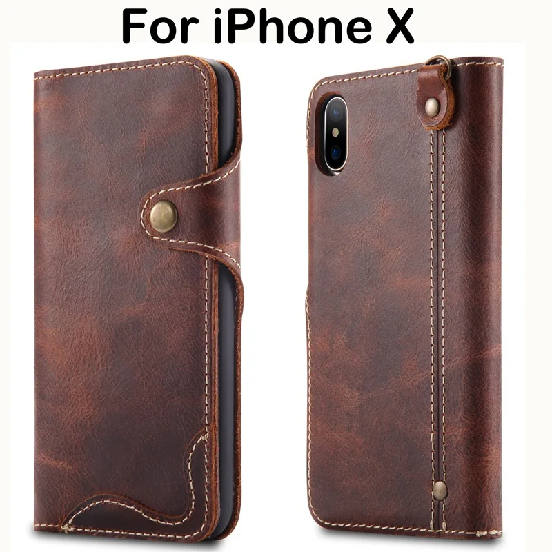 Luxury Business Style Genuine Real Leather Wallet Case with Strap For iPhone X Flip Case Cover Card Holder Ultra Thin Phone Case