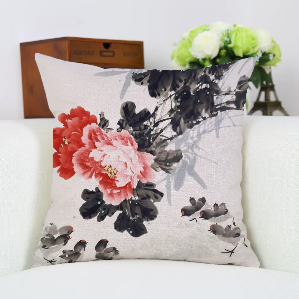Chinese Style Linen Cushion Cover Fresh Plum Flowers Peony Vintage