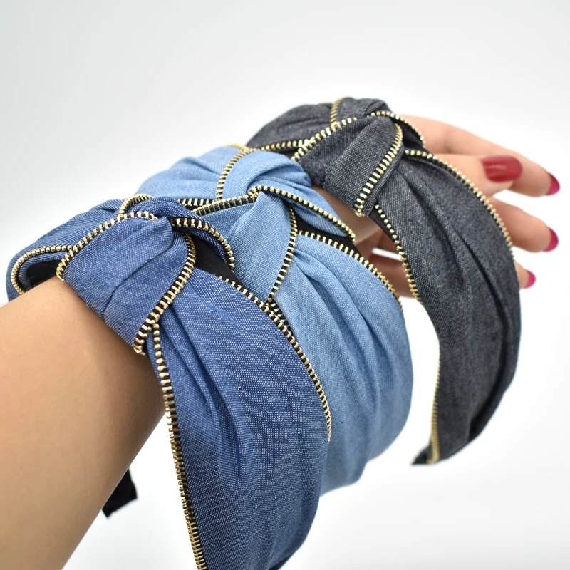 

Blue Hairband For Women Winter Hair Accessories Denim Headband Metal Zipper Decoration Hair Band Turban For Girls Bezel