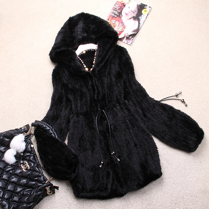 

Ladies' Fashion Genuine Real Knitted Mink Fur Coat Jacket with Hoody Winter Women Fur Outerwear Coats Plus Size 4XL 5XL VK0307