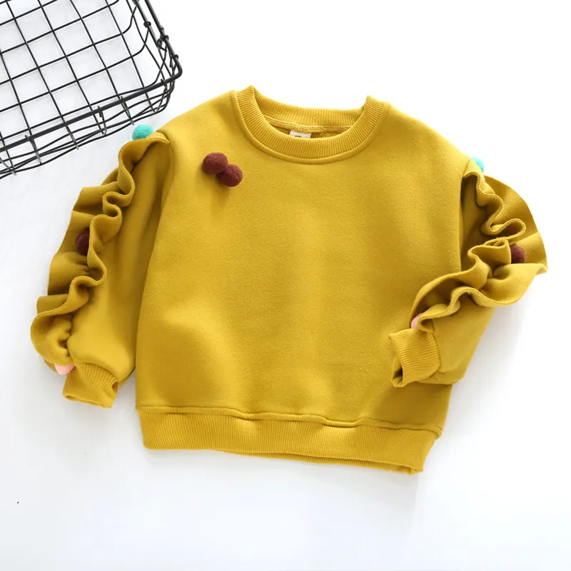 Детские свитшоты для девочек и одежда с капюшоном для малышей зимние детские пуловеры с длинными рукавами и милыми бархатными помпонами для принцесс Топы - Цвет: Yellow