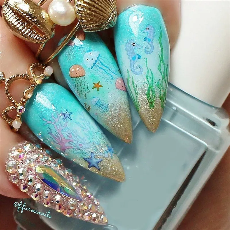 BeautyBigBang наклейки для дизайна ногтей с русалочкой голубого цвета Scaleph желе Морская звезда якорь изображения водные наклейки для ногтей искусство BBB033