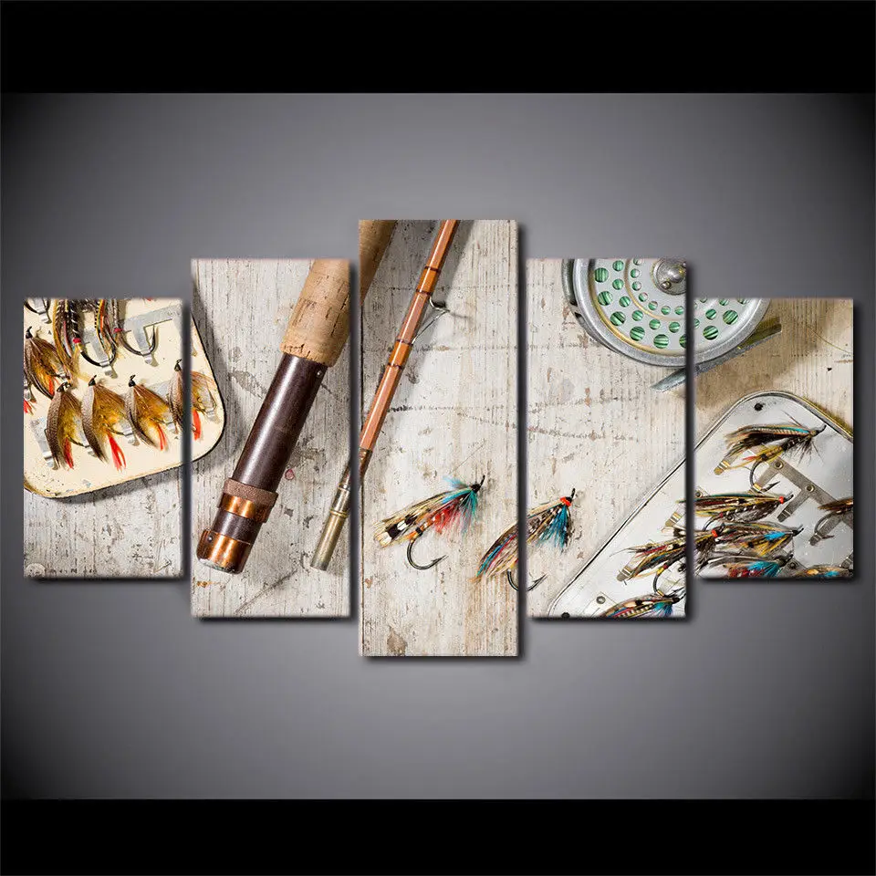 

Large Framed Modern Indoor Decor Original Fly Fishing Beach Wood Look print canvas in 5 pieces
