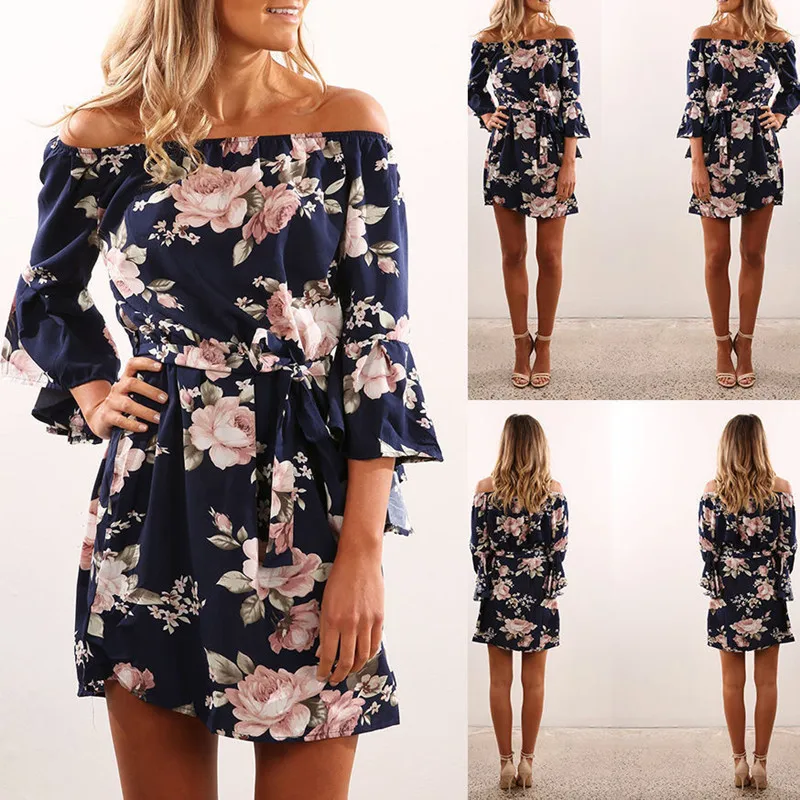 

Women Dress 2019 Summer Sexy Off Shoulder Floral Print Chiffon Dress Boho Style Short Party Beach Dresses