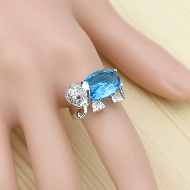 Silver 925 Jewelry Sets For Women Sky Blue Cubic zirconia Elephant Shaped Ring Bracelet Necklace Pendant Stud Earrings Set (6)