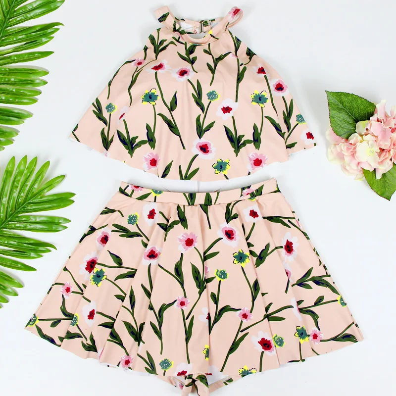 4New Style Two Piece Swimsuit Flower Print Red Sexy Women Swimwear Bathing Costume Vacation Slim Swimming Clothing For Teen Girls